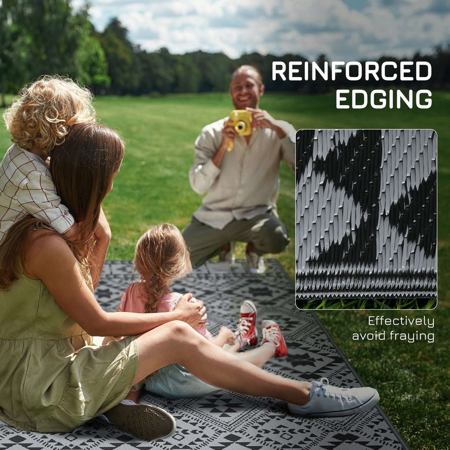 Outsunny 182 x 274cm Reversible Patterned Outdoor Rug, with Bag - Black/Grey--ChewyGames-ChewyGames