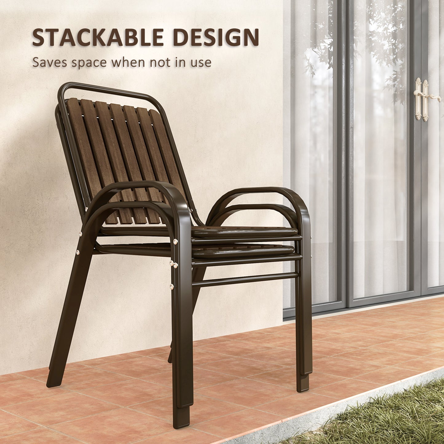Outsunny 3 Pieces Patio Bistro Set with Stackable Chairs, Tempered Glass Table, for Outdoor, Balcony, Patio, Garden, Dark Brown
