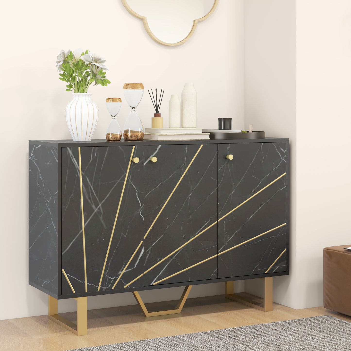 HOMCOM Sideboard Storage Cabinet, Modern Storage Cupboard with Adjustable Shelves and Metal Legs for Living Room, Kitchen, Dining Room, Entryway, Black Marble Tone