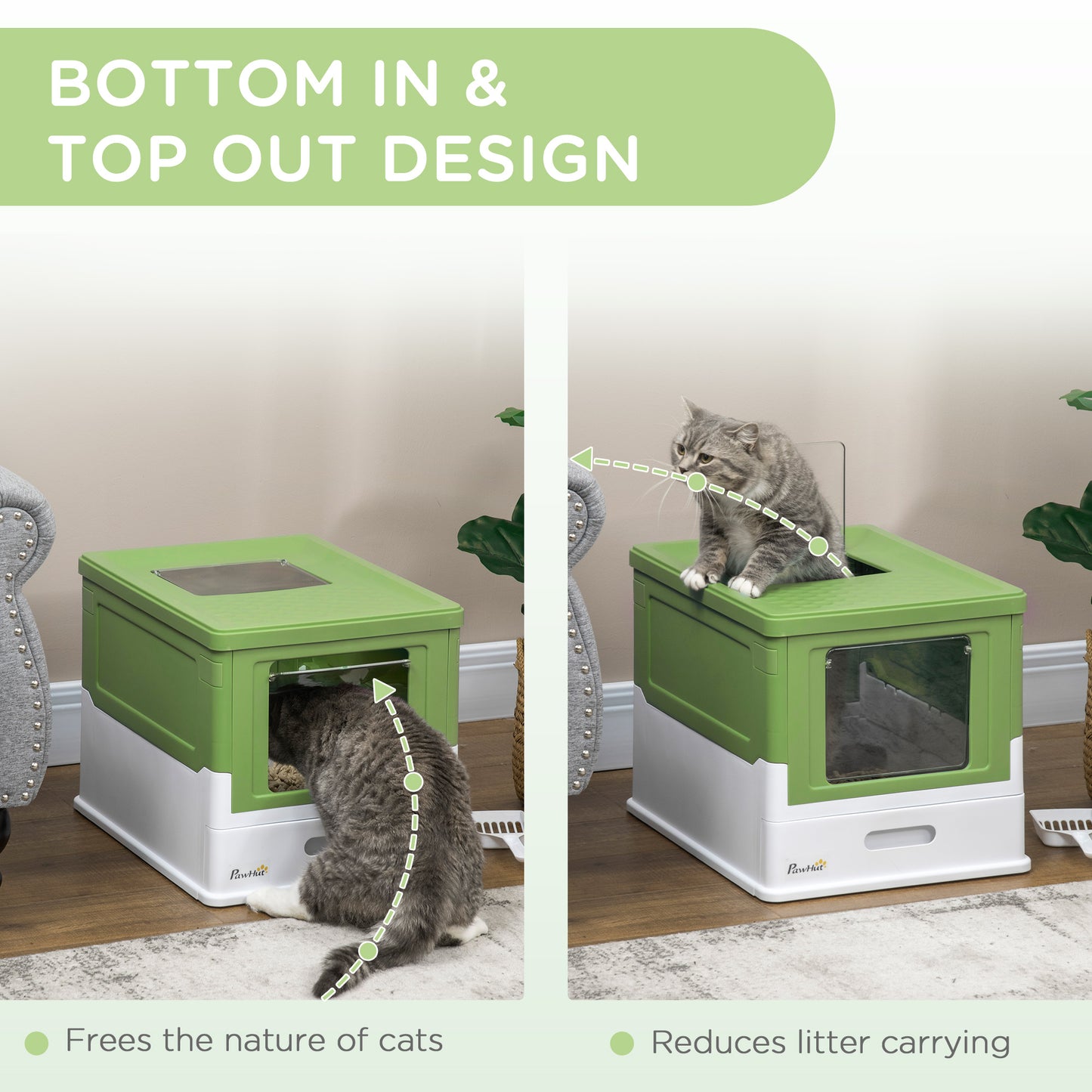 PawHut Hooded Cat Litter Box, Portable Pet Toilet, with Scoop, Front Entry - Emerald Green