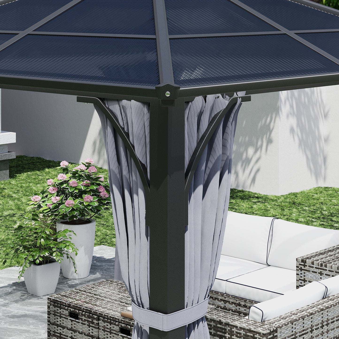 Outsunny 3 x 3(m) Hardtop Gazebo Canopy with 7mm Polycarbonate Double-Tier Roof, Garden Gazebo Permanent Pavilion with Mosquito Netting and Curtains for Patio, Terrace, Dark Grey