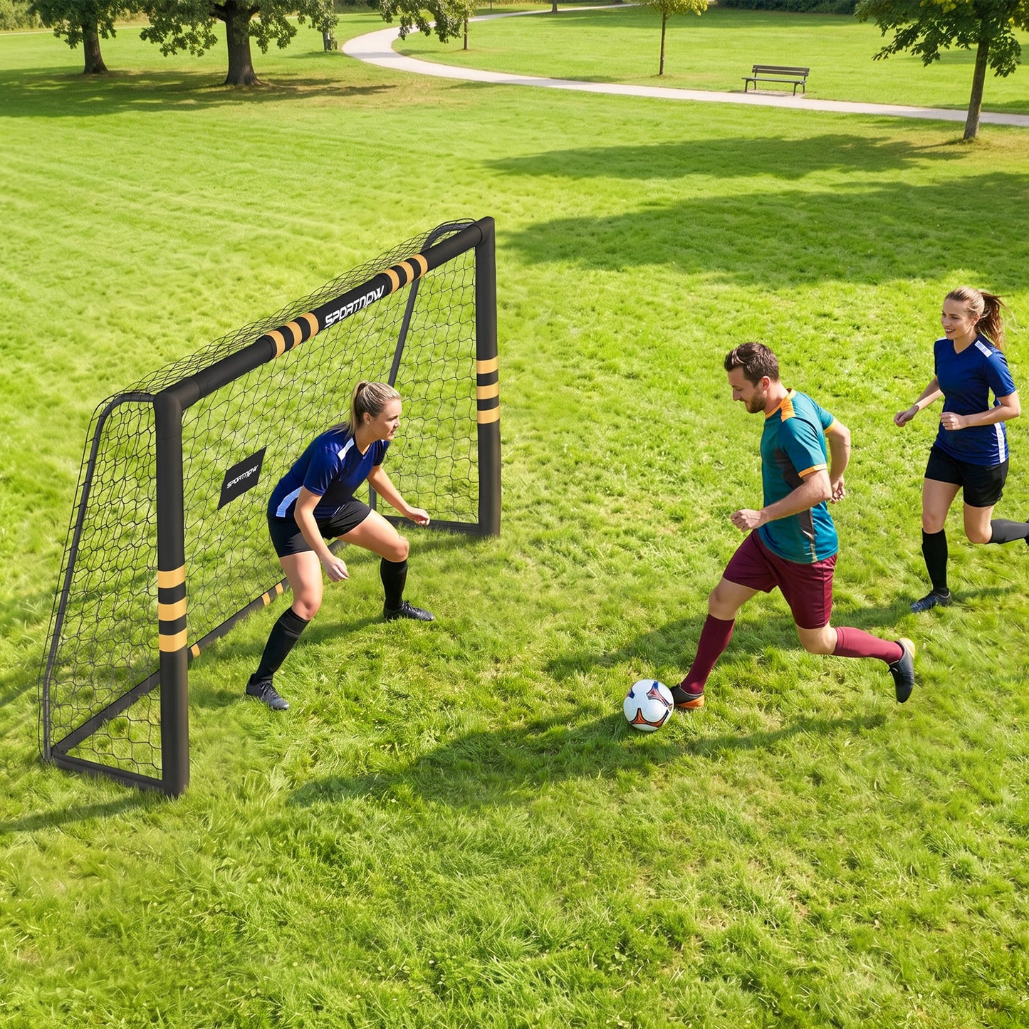 SPORTNOW Football Goal, 8 x 5ft Portable Football Net with EPE Foam Padding, PVC Tube Covers Ground Stakes and Metal Frame