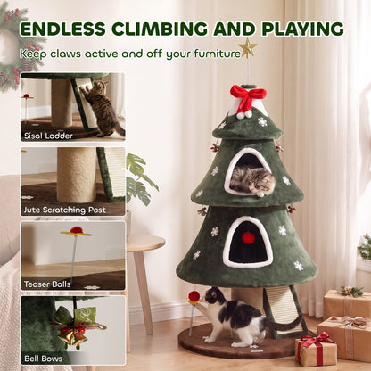 PawHut Cat Tree, Christmas Cat Tower with Dual Condos, Sisal Ladder, Jute Posts, Anti-Tip Rope, Hanging Balls, 60 x 60 x 132 cm