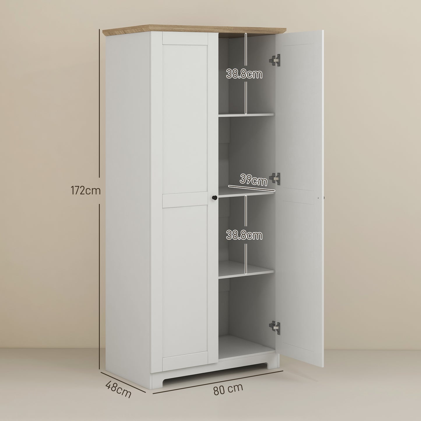 HOMCOM 172cm Kitchen Cupboard, Freestanding Storage Cabinet with Doors and Shelves, Modern 2-Door Kitchen Pantry Cupboard for Dining Room, White
