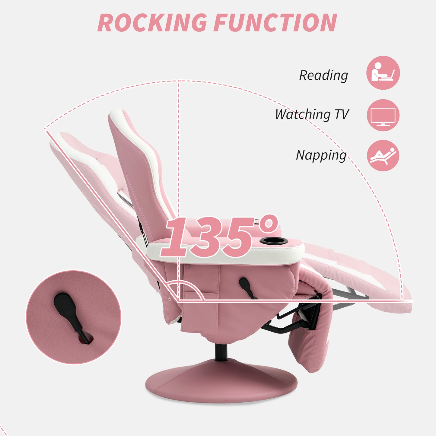 HOMCOM Manual Recliner Armchair PU Leather Lounge Chair w Adjustable Leg Rest, 135° Reclining Function, 360° Swivel, Pink--ChewyGames-ChewyGames