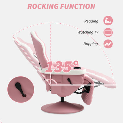 HOMCOM Manual Recliner Armchair PU Leather Lounge Chair w Adjustable Leg Rest, 135° Reclining Function, 360° Swivel, Pink--ChewyGames-ChewyGames