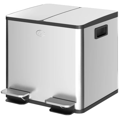 HOMCOM 30L Dual Compartment Stainless Steel Bin, with Deodoriser Holders Silver