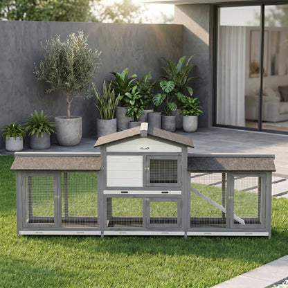 PawHut 2-Tier Large Rabbit Hutch Outdoor with Double Side Run Boxes, No-leak Plastic Tray, Ramp, 230 x 53 x 93.5cm, Light Grey