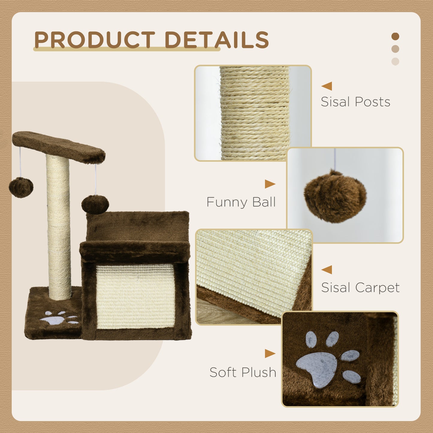 PawHut Cat Tree, Cat Tower for Kittens with Rotatable Top Bar, Sisal Scratching Post, Tunnel, Dangling Balls - Brown--ChewyGames-ChewyGames