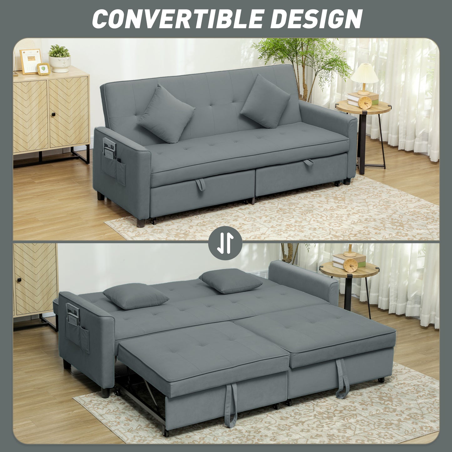 HOMCOM 3 Seater Velvet Sofa Bed, Convertible Click-Clack Couch with Adjustable Backrest, Small Double Sleeper Sofa for Living Room & Guests, Grey