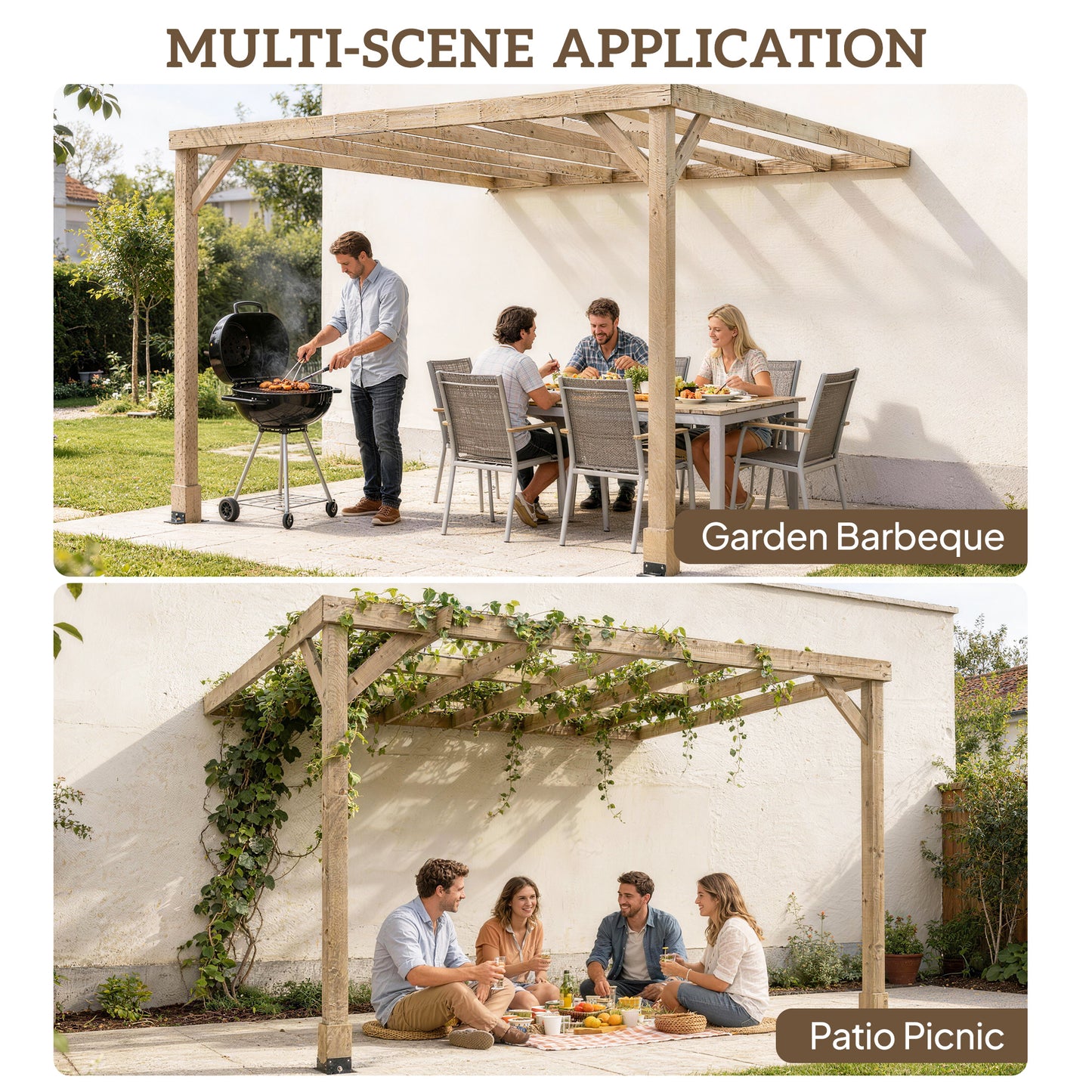 Outsunny Lean-To Wooden Pergola Kit, Decorative Garden Gazebo with Stable Structure and Concrete Anchors, 3 x 3 m, Light Brown