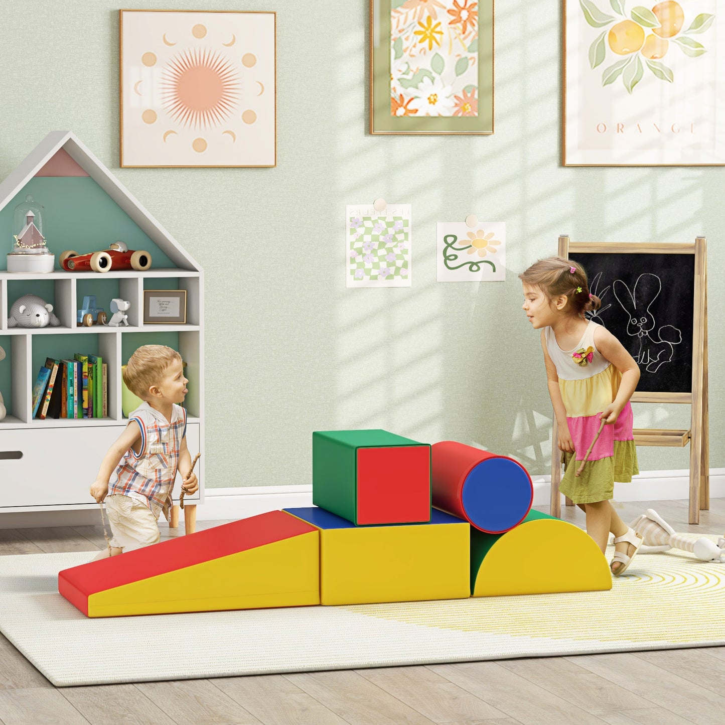HOMCOM 5 Piece Soft Safe Foam Playset, Climb and Crawl Activity Toy for Toddlers, Yellow