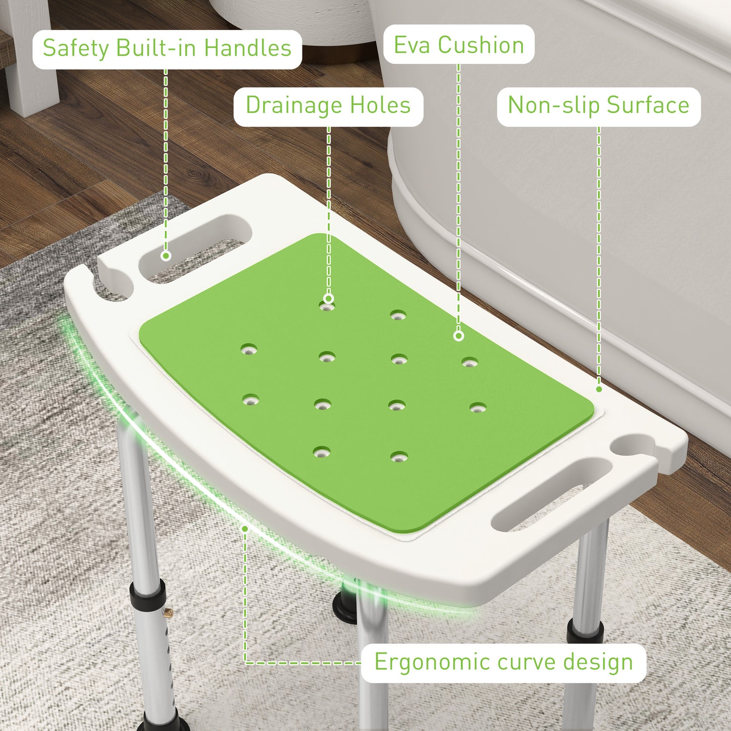 HOMCOM Shower Chair, Adjustable Height Shower Stool with Aluminium Frame and Non-Slip Feet, Bathtub Stool Seat with Padded Seat for Elderly Disabled Handicap, Green