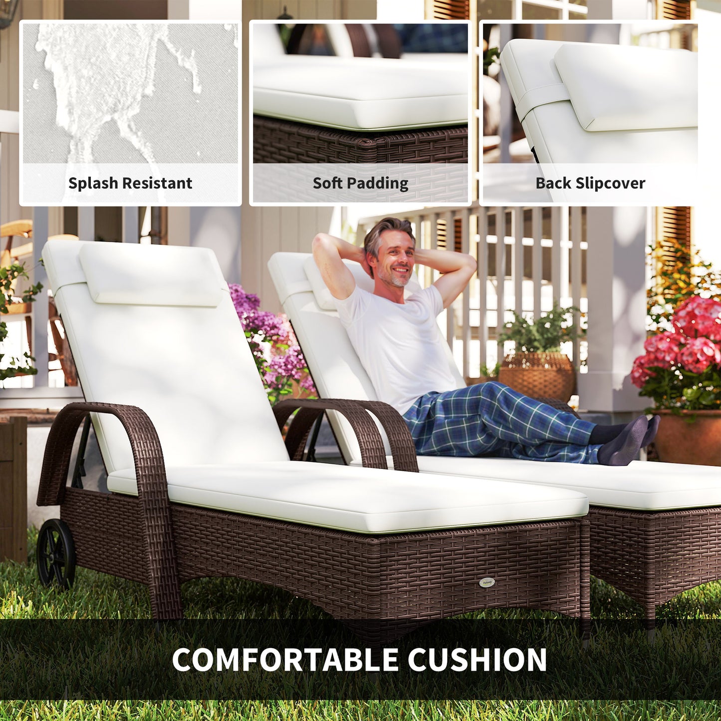 Outsunny Rattan Sun Loungers Set of 2 with Side Table, 3-Piece Garden Furniture Set, Adjustable Recliner Sunlounger Sunbed with Cushions & Headrest, Wheels, Outdoor Patio Daybed, Brown