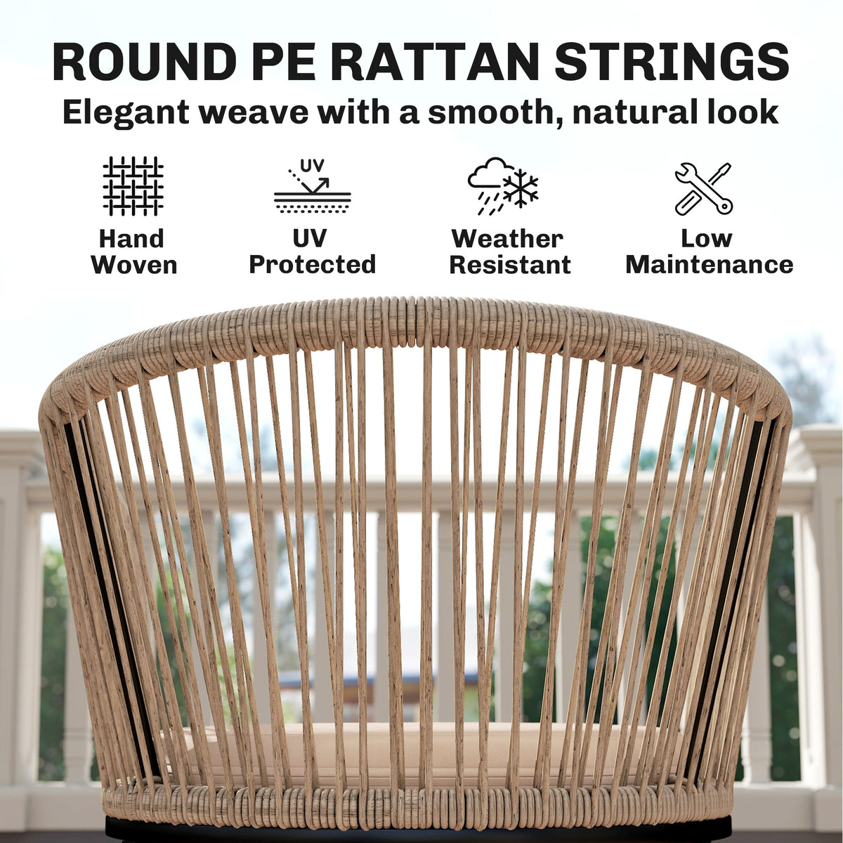 Outsunny Garden Chairs Set of 2, Rattan Garden Dining Chairs with String Back Armrests, Cushions, Natural Wood Finish