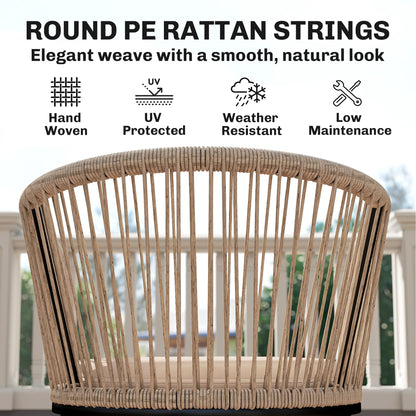 Outsunny Garden Chairs Set of 2, Rattan Garden Dining Chairs with String Back Armrests, Cushions, Natural Wood Finish
