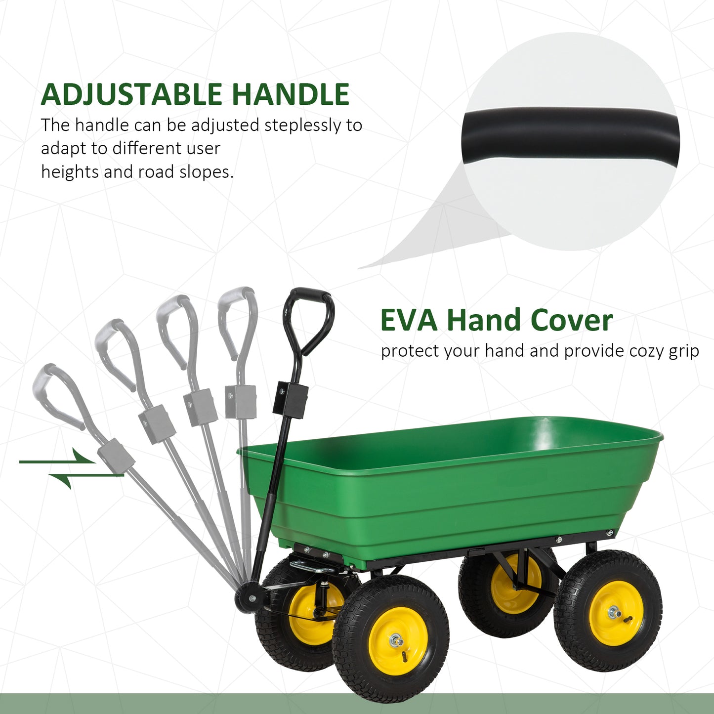 Outsunny 125 Litre Large Garden Cart, Heavy Duty 4 Wheel Trolley Dump Wheelbarrow Tipping Truck Trailer - Green