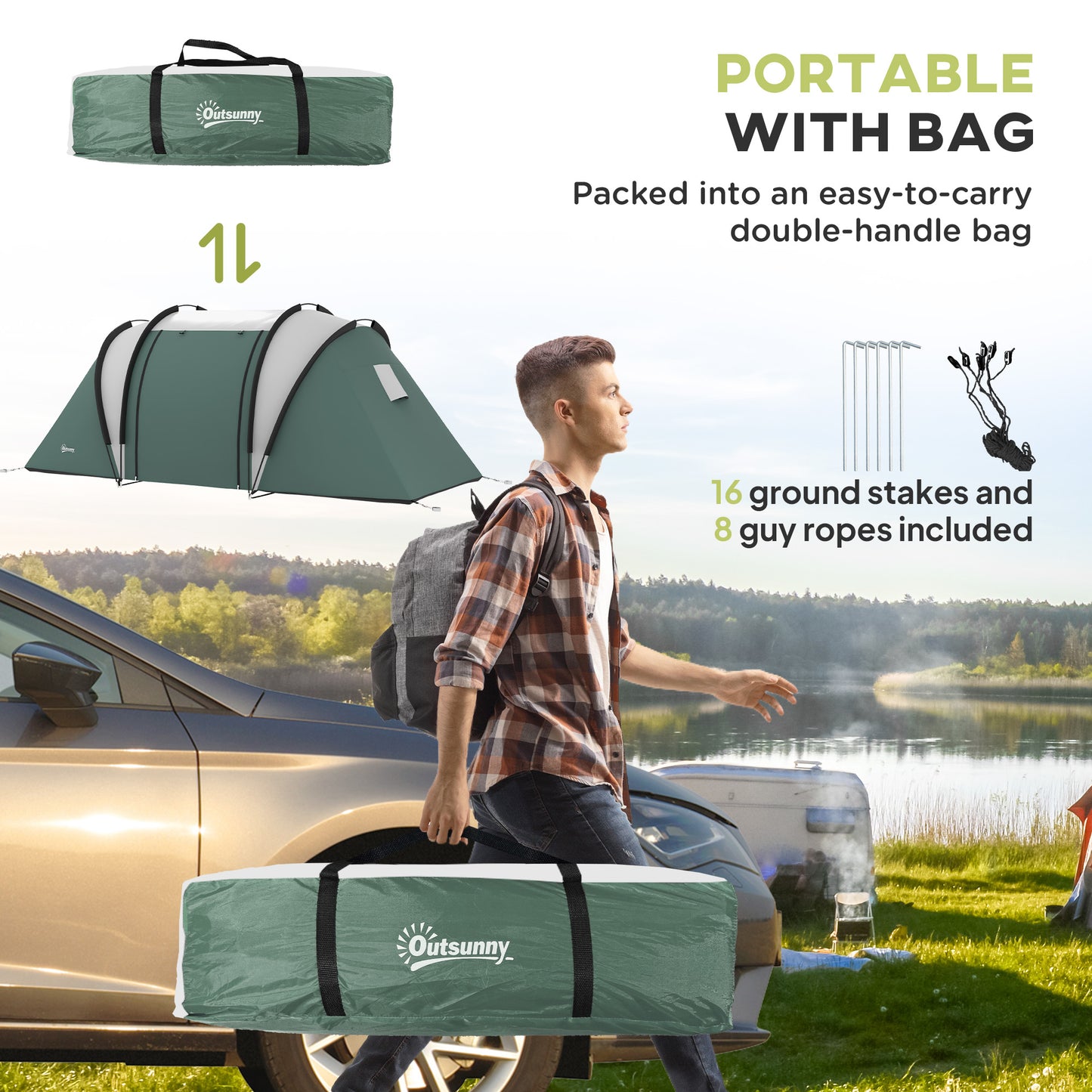Outsunny Two-Man Tent, with Bedrooms, Living Room and Canopy - Dark Green
