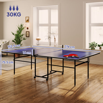 SPORTNOW 9FT Folding Table Tennis Table with Four Wheels, for Indoor Use, Blue
