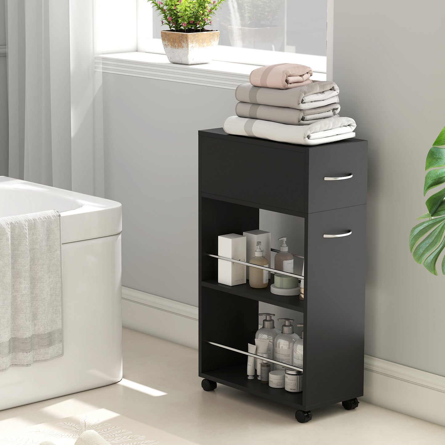 HOMCOM Rolling Storage Unit, 3-Tier Kitchen Cart Trolley with Drawer, Surface Top and 4 Universal Wheels, Black