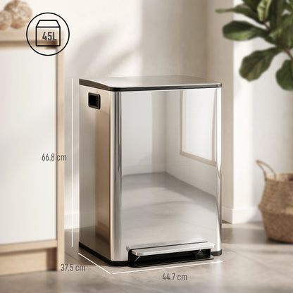 HOMCOM 60L Dual Compartment Stainless Steel Bin, with Deodoriser Holders - Silver Tone