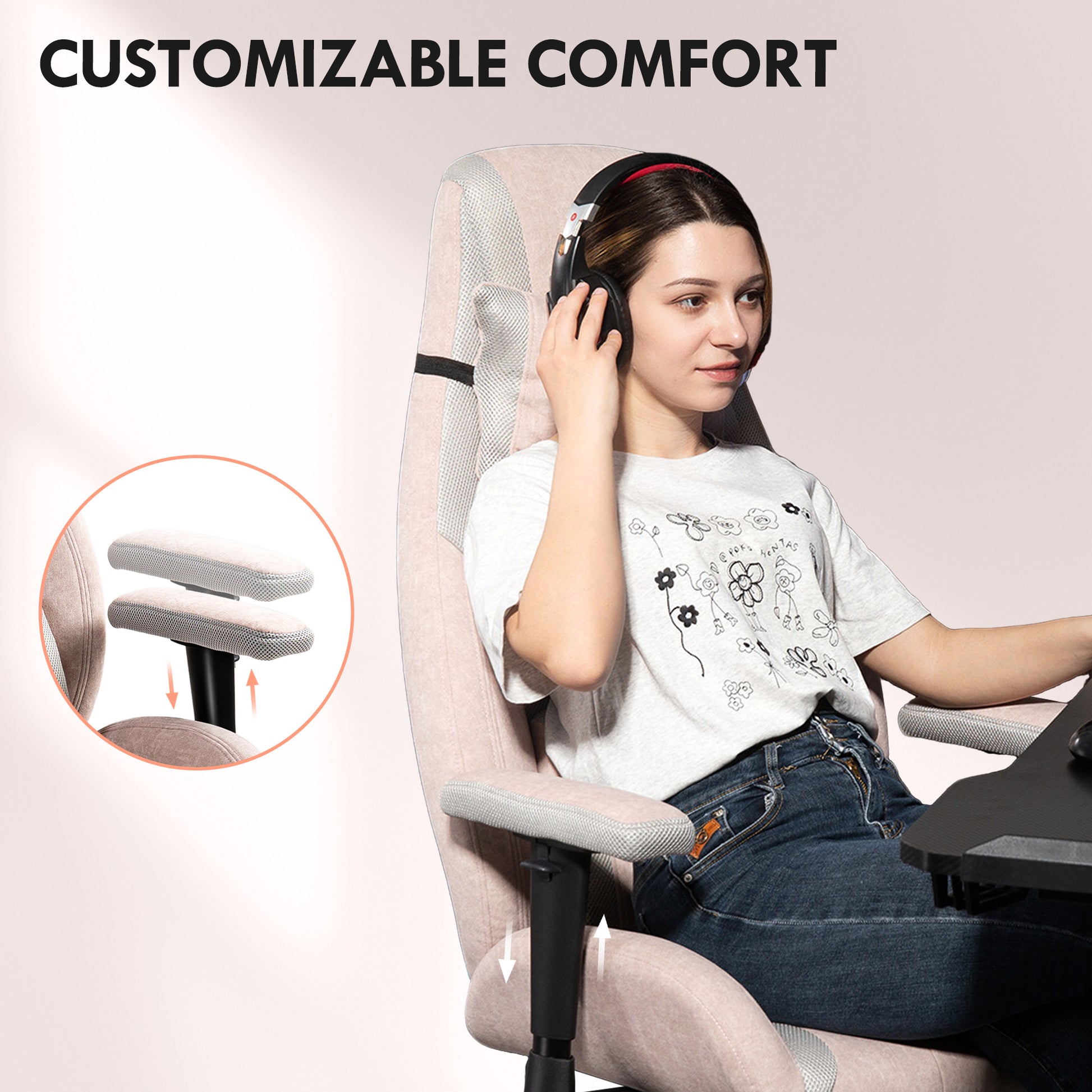 HOMCOM Fabric Gaming Chair with Lumbar Support, Headrest - Pale Pink--ChewyGames-ChewyGames