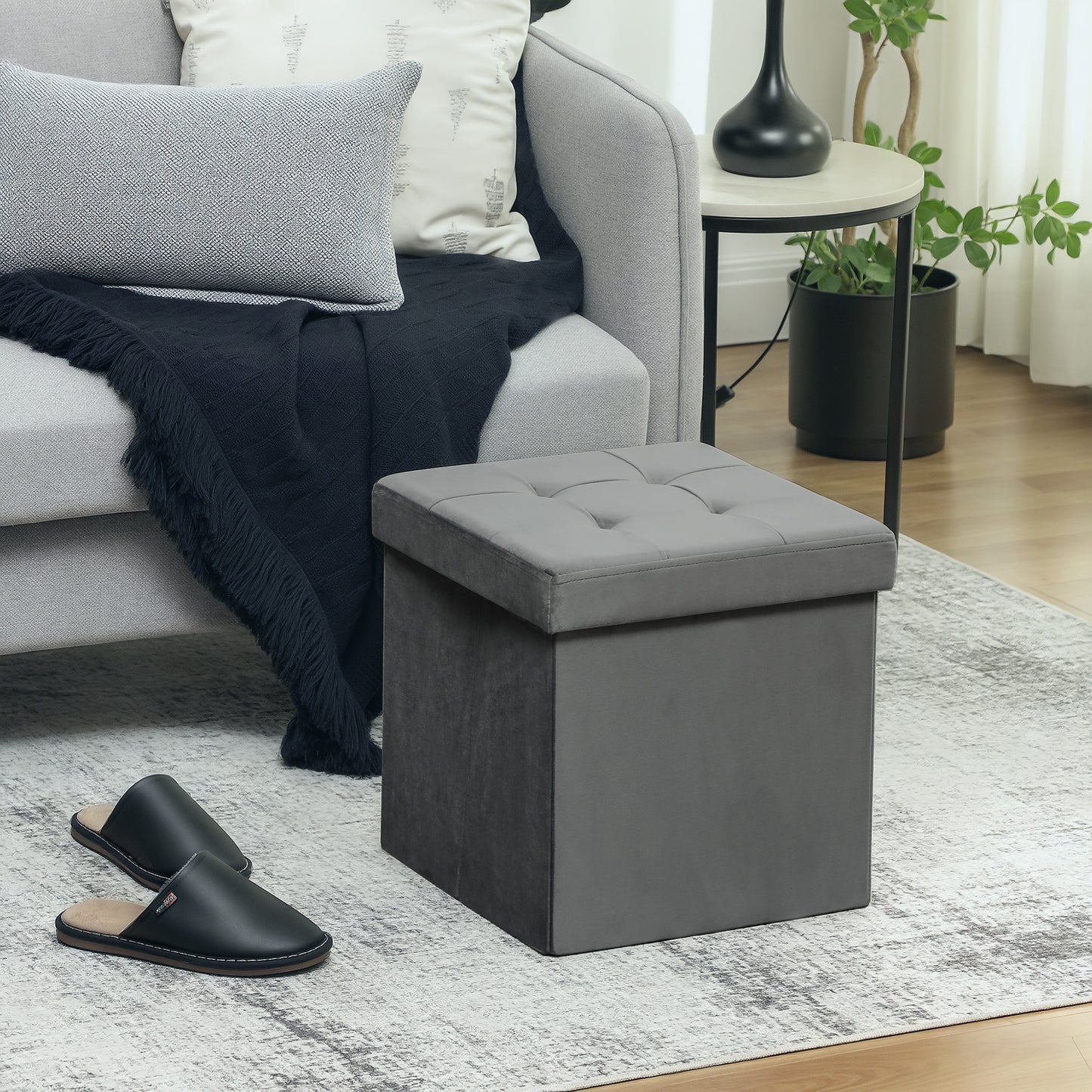 HOMCOM Foldable Velvet-Feel Storage Ottoman - Grey--ChewyGames-ChewyGames