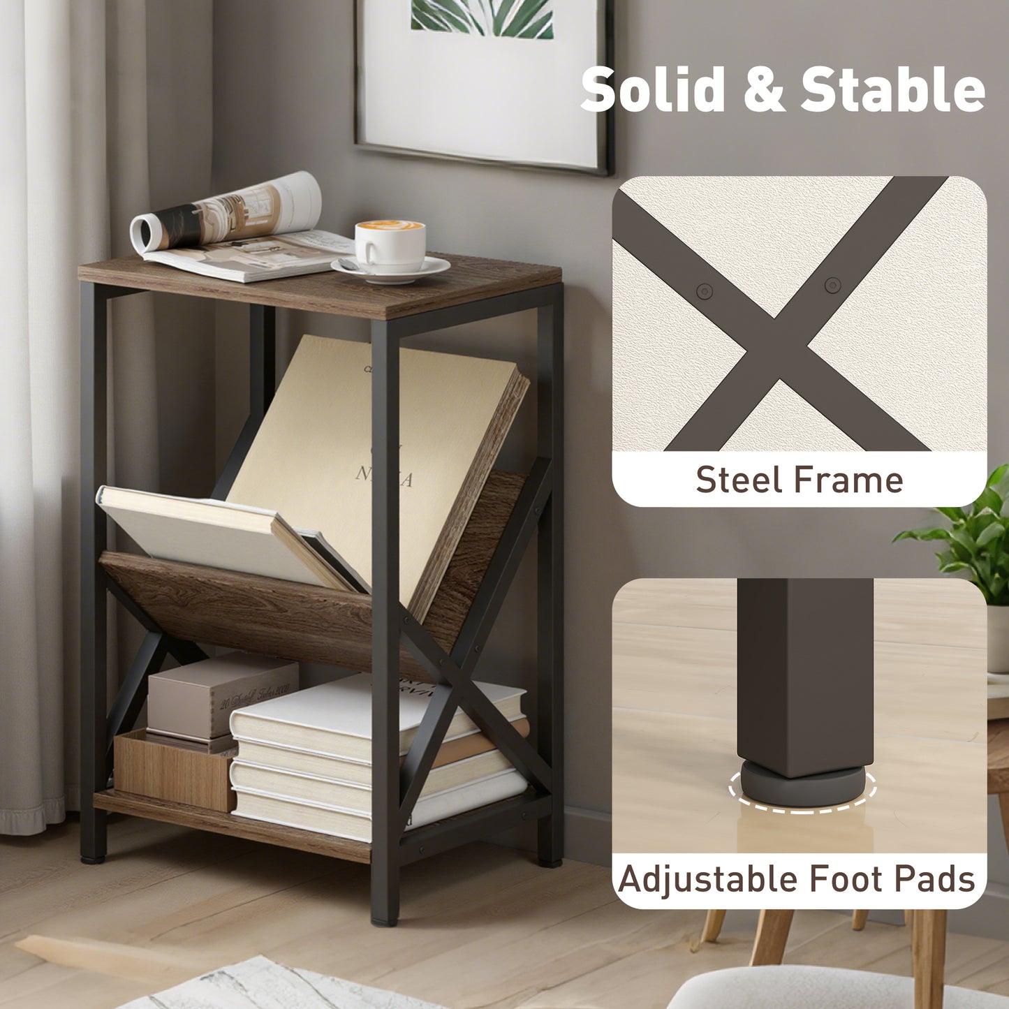 HOMCOM Narrow Side Table, End Table with 3-Tier Storage, V-Shaped Magazine Holder for Living Room, Bedroom, 40 x 30 x 61cm, Oak