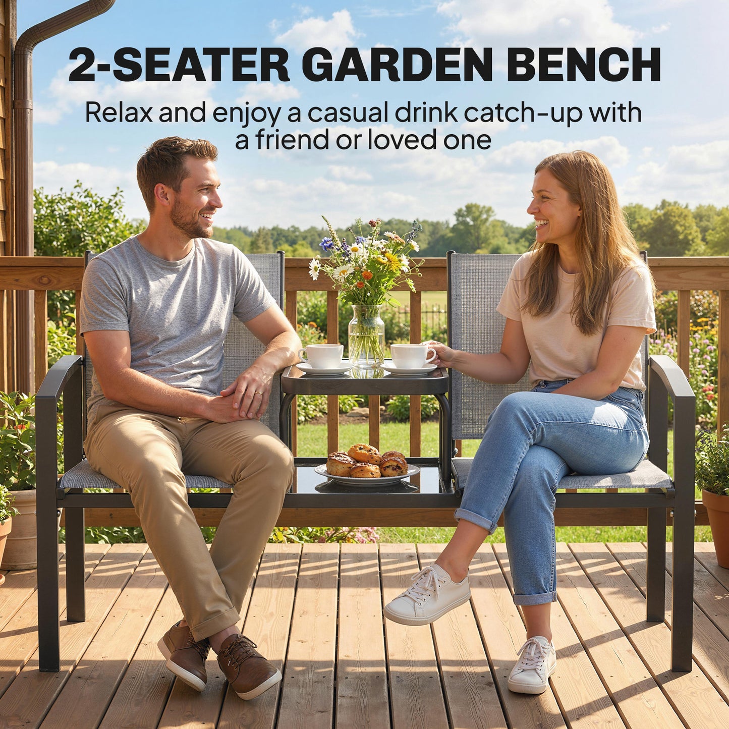 Outsunny Garden Love Seat, 2 Seater Jack and Jill Loveseat Companion Seat with 2-Tier Glass Table, Breathable Texteline, Grey