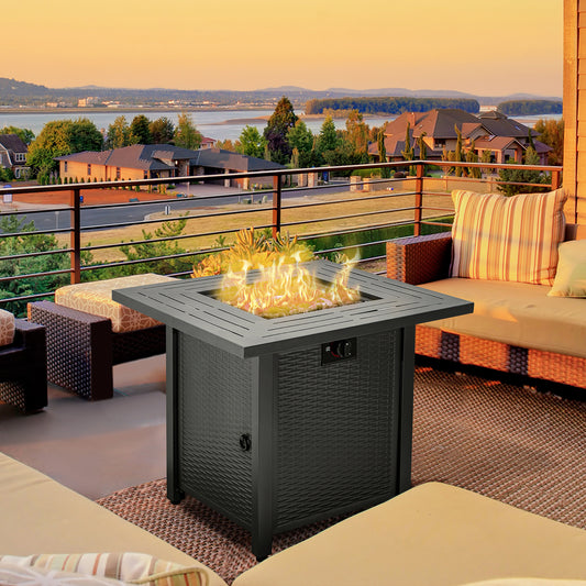 Outsunny Square Propane Gas Fire Pit Table, 40000 BTU Rattan Smokeless Firepit Patio Heater with Protective Cover, Glass beads and Lid, 71cm x 71cm x 63cm, Black
