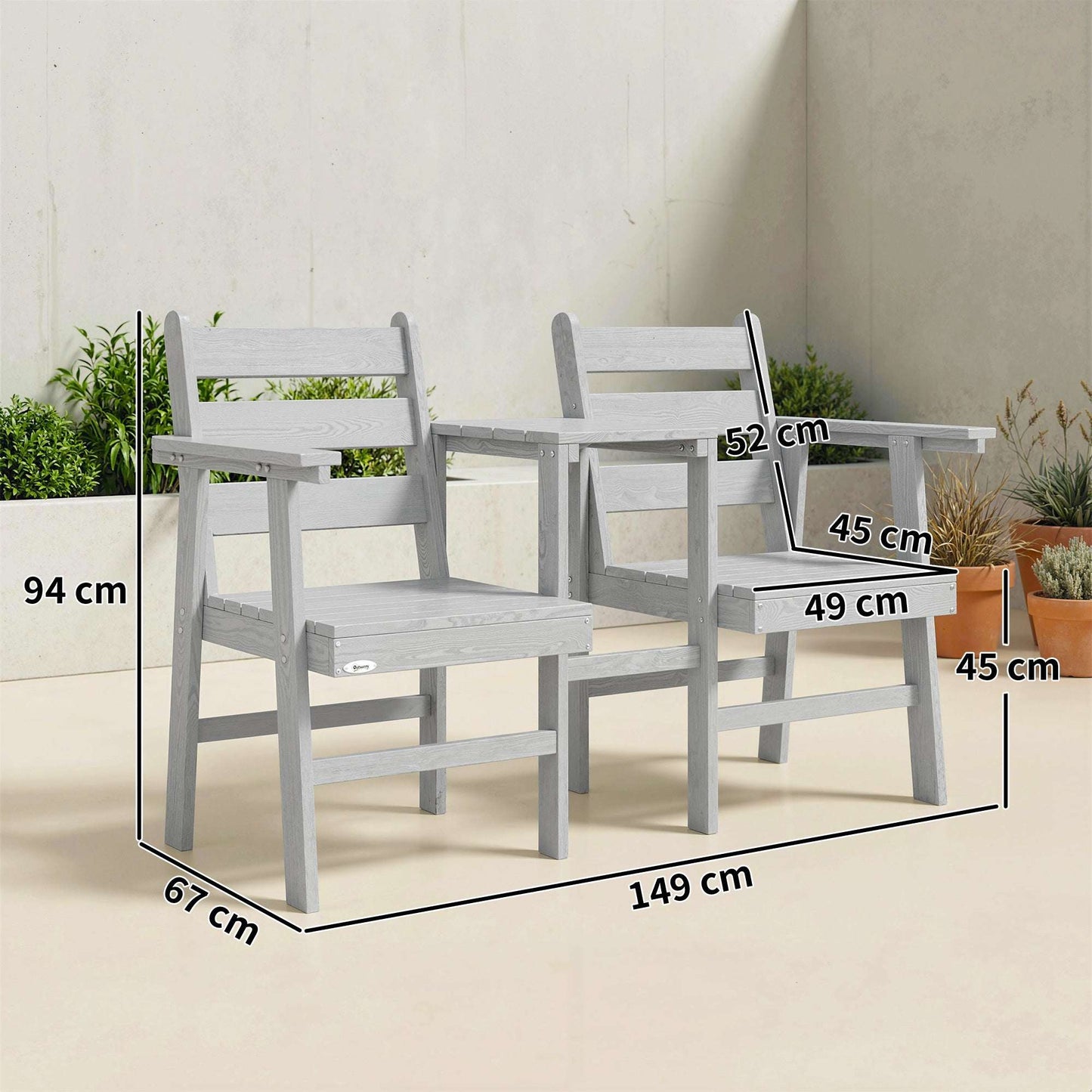 Outsunny Outdoor Garden Loveseat, Embossed Wooden Jack and Jill Garden Seat with Integrated Table, Grey