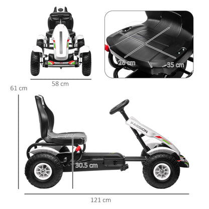 HOMCOM Pedal Go Kart, Kids Ride On Racer with Adjustable Seat, Inflatable Rubber Tyres, Handbrake for Ages 5-12 Years - White