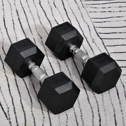 HOMCOM 2x10kg Hex Dumbbells Set Rubber Dumbbells Weight Lifting Equipment Fitnes