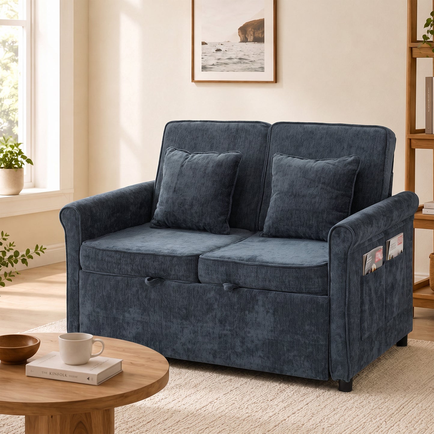 HOMCOM 2 Seater Sofa Bed 3-in-1 Convertible Chenille Pull Out Sleeper Sofa with 5-Position Adjustable Backrest, Dark Blue