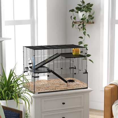 PawHut 3 Tiers Hamster Cage, Gerbil Cage with Deep Glass Bottom, Non-Slip Ramps, Platforms, Hut, Exercise Wheels, Water Bottle, Dish, for Syrian Hamster, Dwarf Hamster, 76.5 x 48.5 x 54.5cm