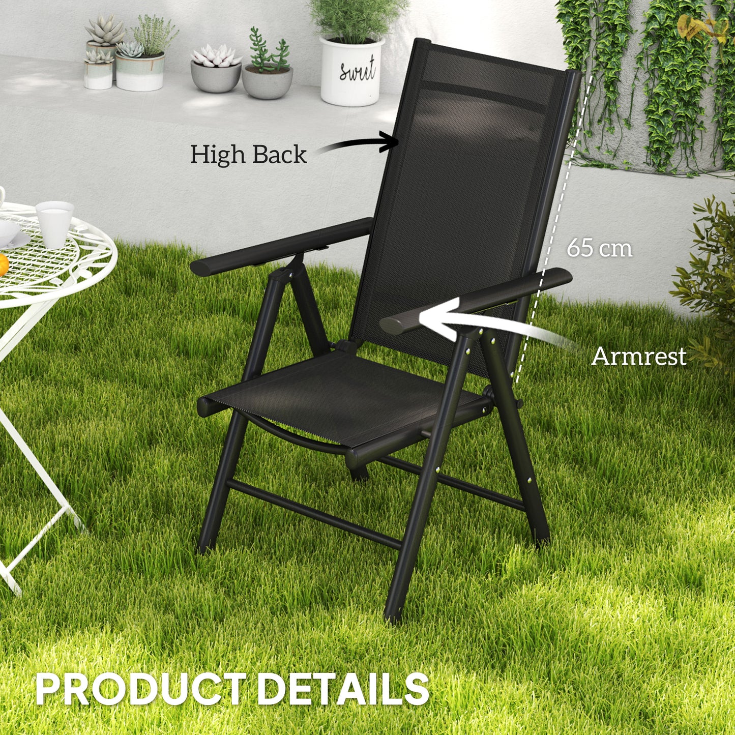 Outsunny Set of 2 Folding Garden Chairs, Aluminium Frame Outdoor Dining Chairs with Breathable Mesh Back and Seat, Garden Folding Chair Set with Armrests for Balcony, Black