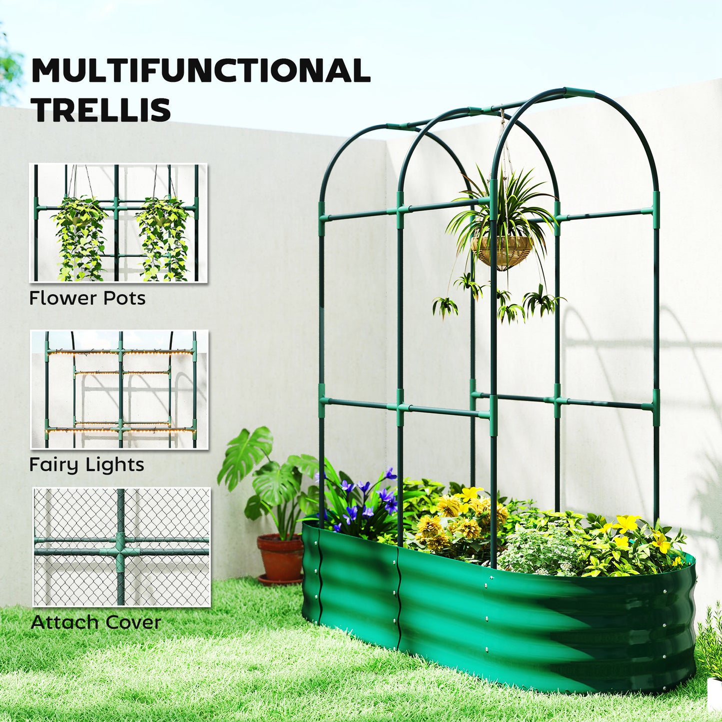Outsunny Galvanised Raised Garden Bed with Arched Trellis, 4 x 2 x 4.6ft Metal Raised Bed for Garden with Open Bottom, Green