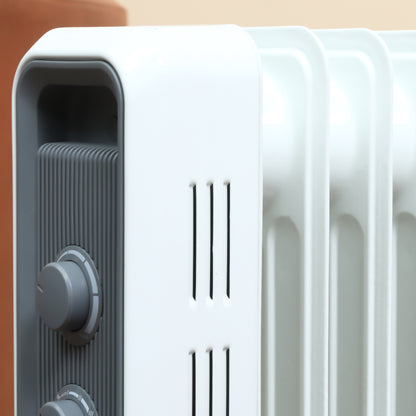 HOMCOM 1500W Oil Filled Radiator, Portable Electric Heater with 3 Heat Settings, Safety Cut-Off and Wheels, White