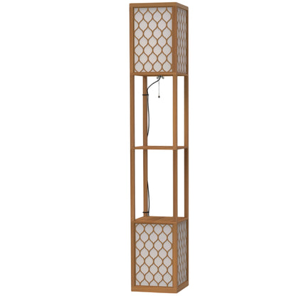 HOMCOM Floor Lamp with Shelves, Modern Tall Standing Lamp with Fabric Lampshades, Zipper Switch, Natural Wood Finish