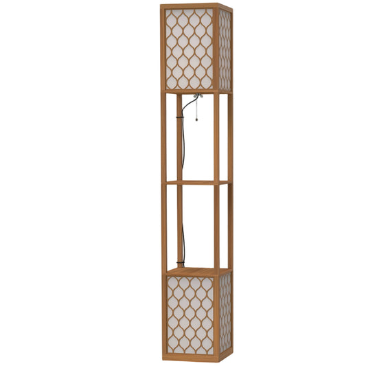 HOMCOM Floor Lamp with Shelves, Modern Tall Standing Lamp with Fabric Lampshades, Zipper Switch, Natural Wood Finish