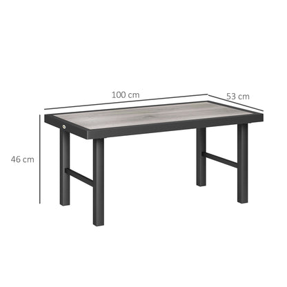Outsunny Metal Garden Coffee Table, Outdoor Side Table with SPC Woodgrain Tabletop for Outside, Garden, Balcony, Porch, 100 x 53 x 46cm, Grey