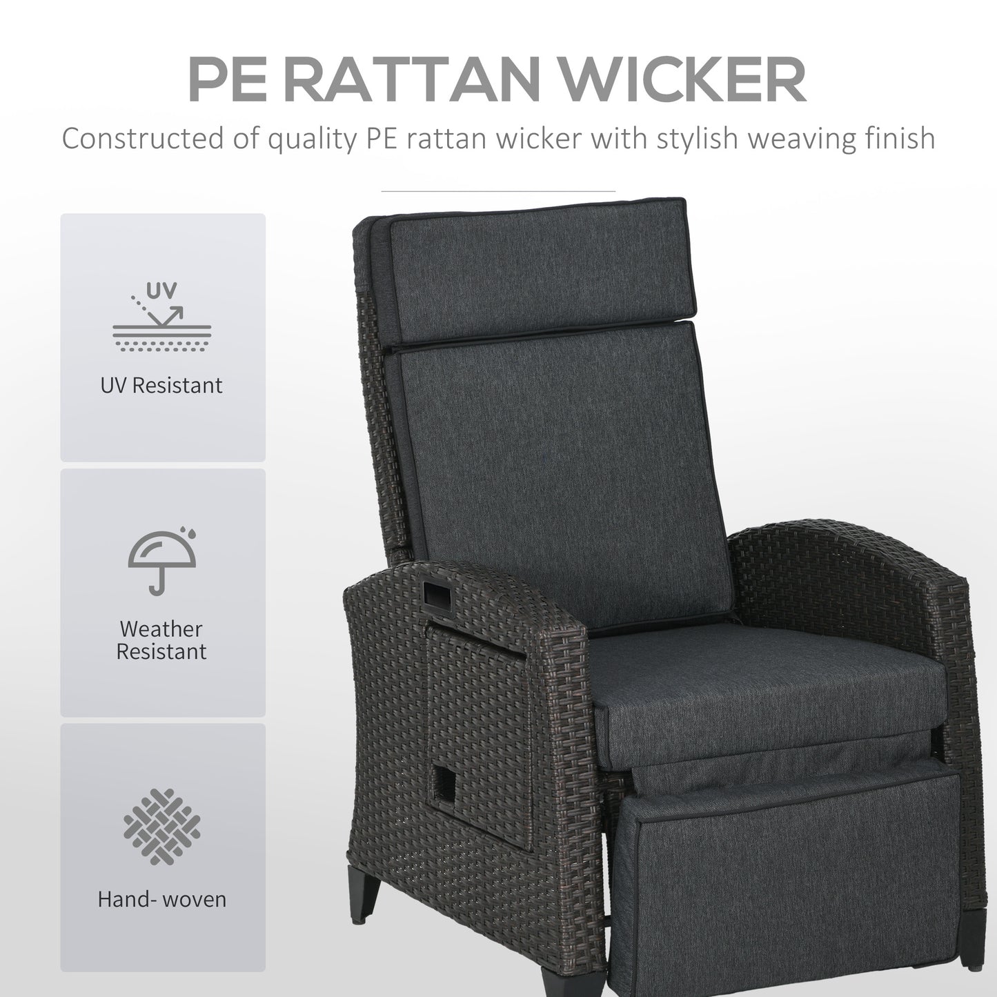 Outsunny Outdoor Recliner Chair with Adjustable Backrest and Footrest, Cushion, Side Tray, Dark Grey/Brown