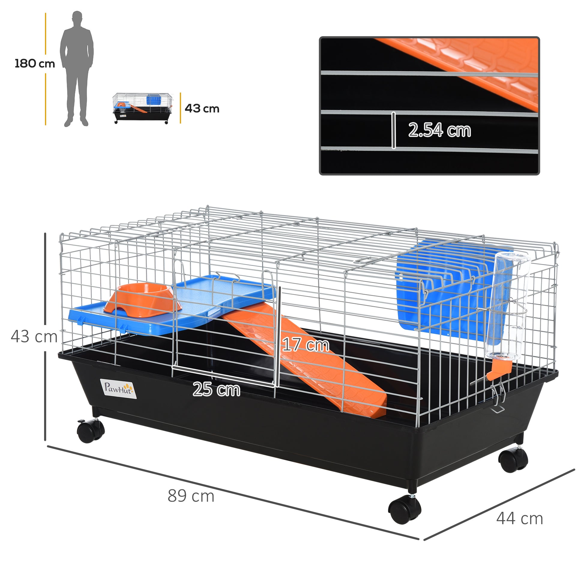 PawHut Small Animal Cage Rabbit Guinea Pigs Chinchillas Cage w/ Wheels Water Bottle Food Dish Platform Ramp 89 x 44 x 43 cm Black--ChewyGames-ChewyGames