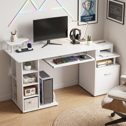 HOMCOM Computer Desk with Drawer Shelves CPU Storage Rack White
