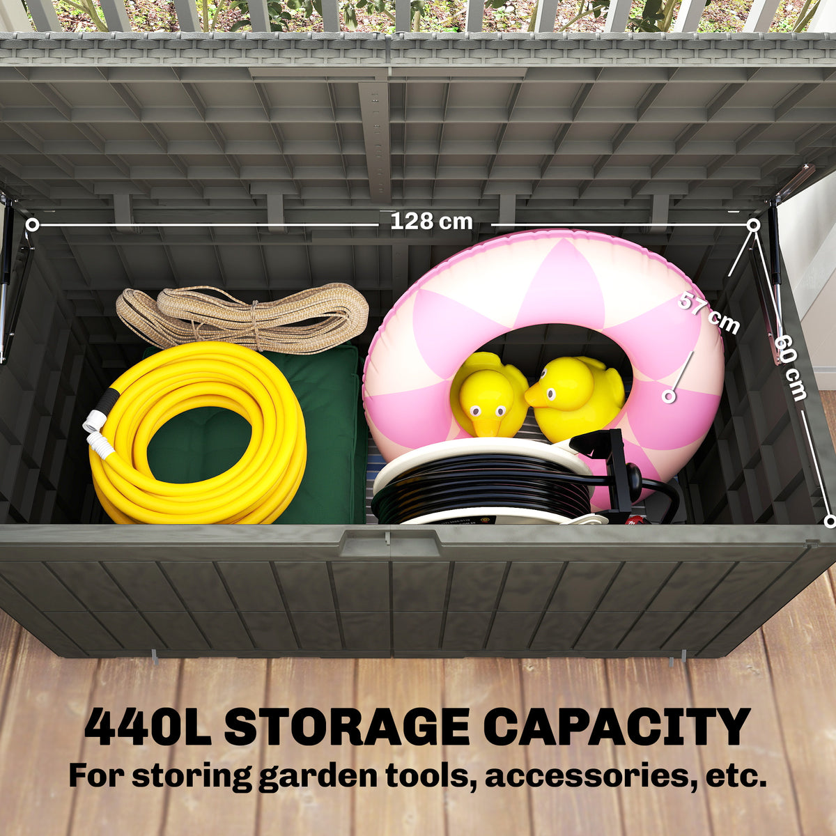 Outsunny 440L Garden Storage Box, Waterproof & UV Resistant Resin Deck Box with Lockable Lid, Pneumatic Gas Rods, Side Handles