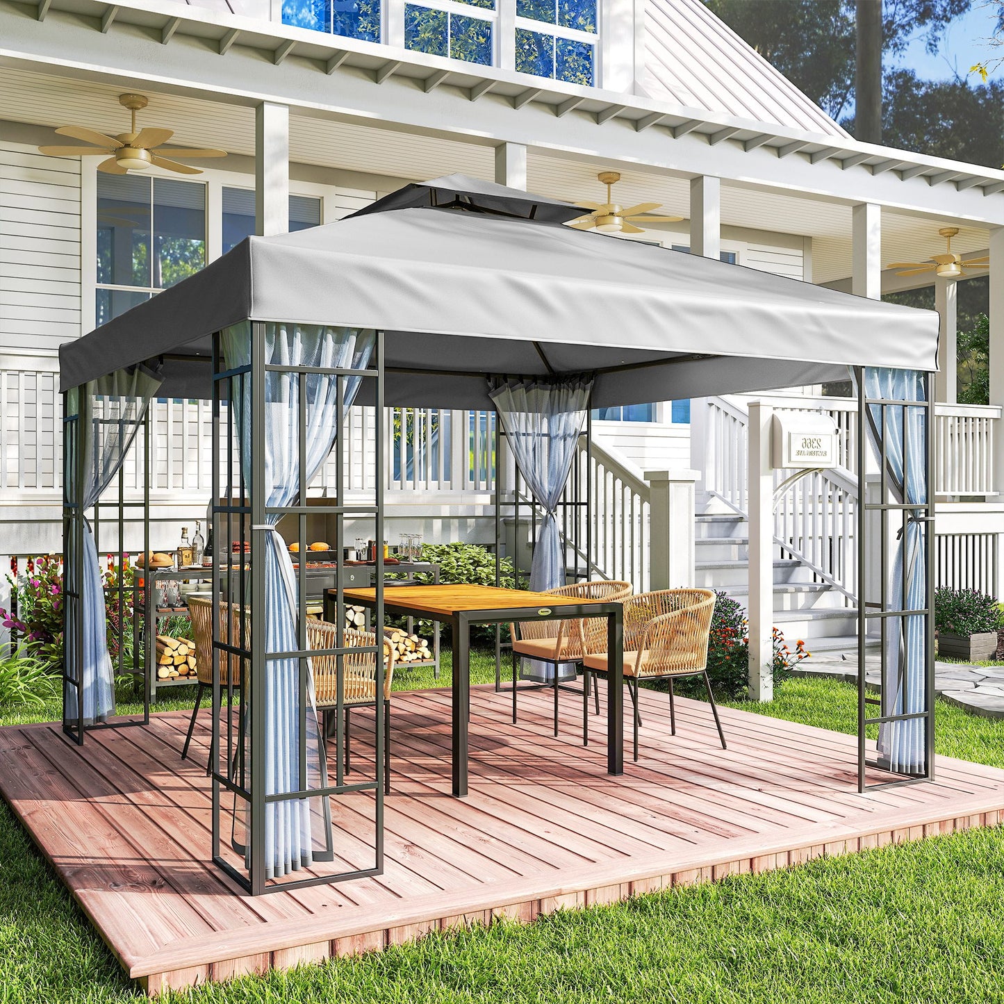 Outsunny 3 x 3(m) Patio Gazebo Canopy Garden Pavilion Tent Shelter with 2 Tier Roof and Mosquito Netting, Light Grey--ChewyGames-ChewyGames