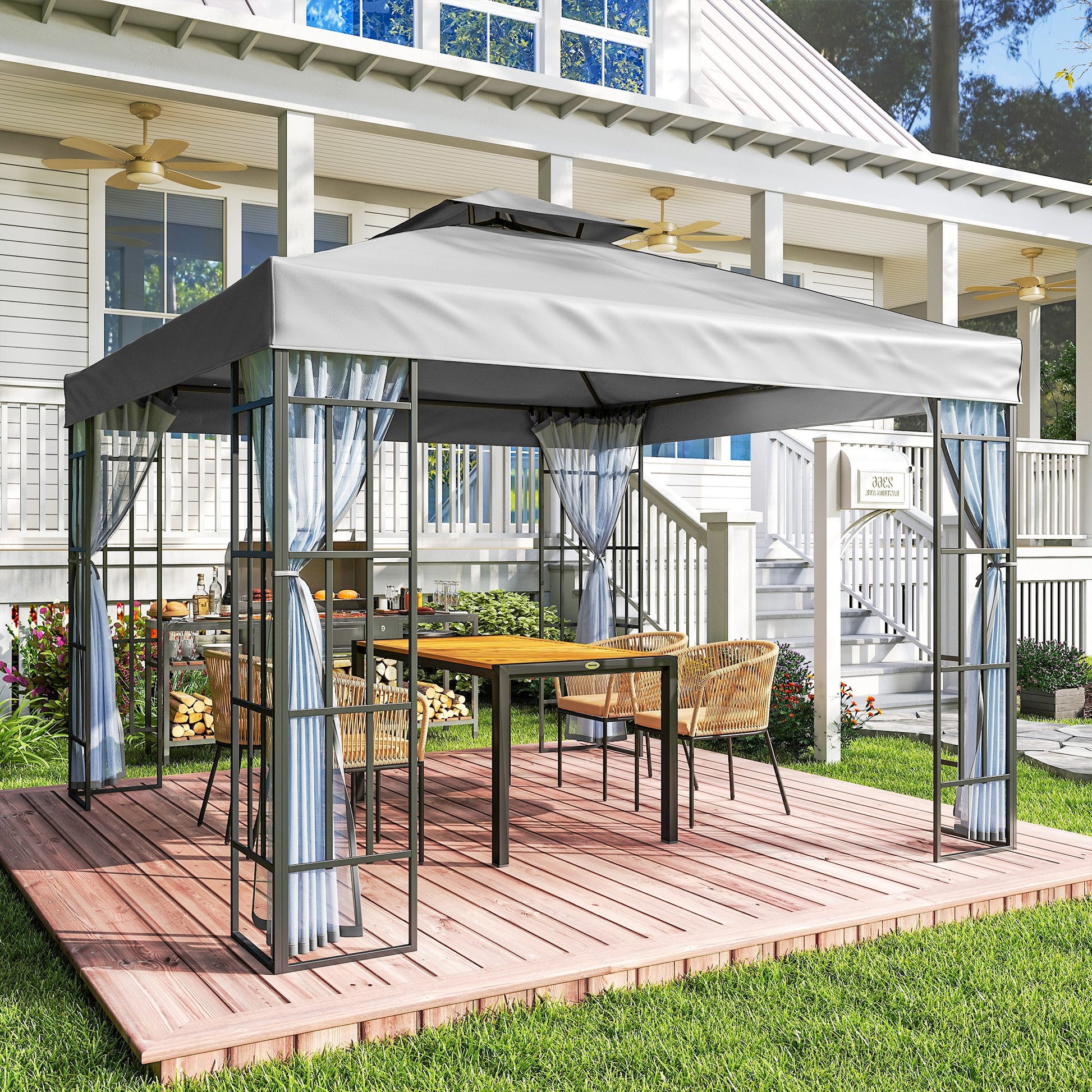 Outsunny 3 x 3(m) Patio Gazebo Canopy Garden Pavilion Tent Shelter with 2 Tier Roof and Mosquito Netting, Light Grey--ChewyGames-ChewyGames