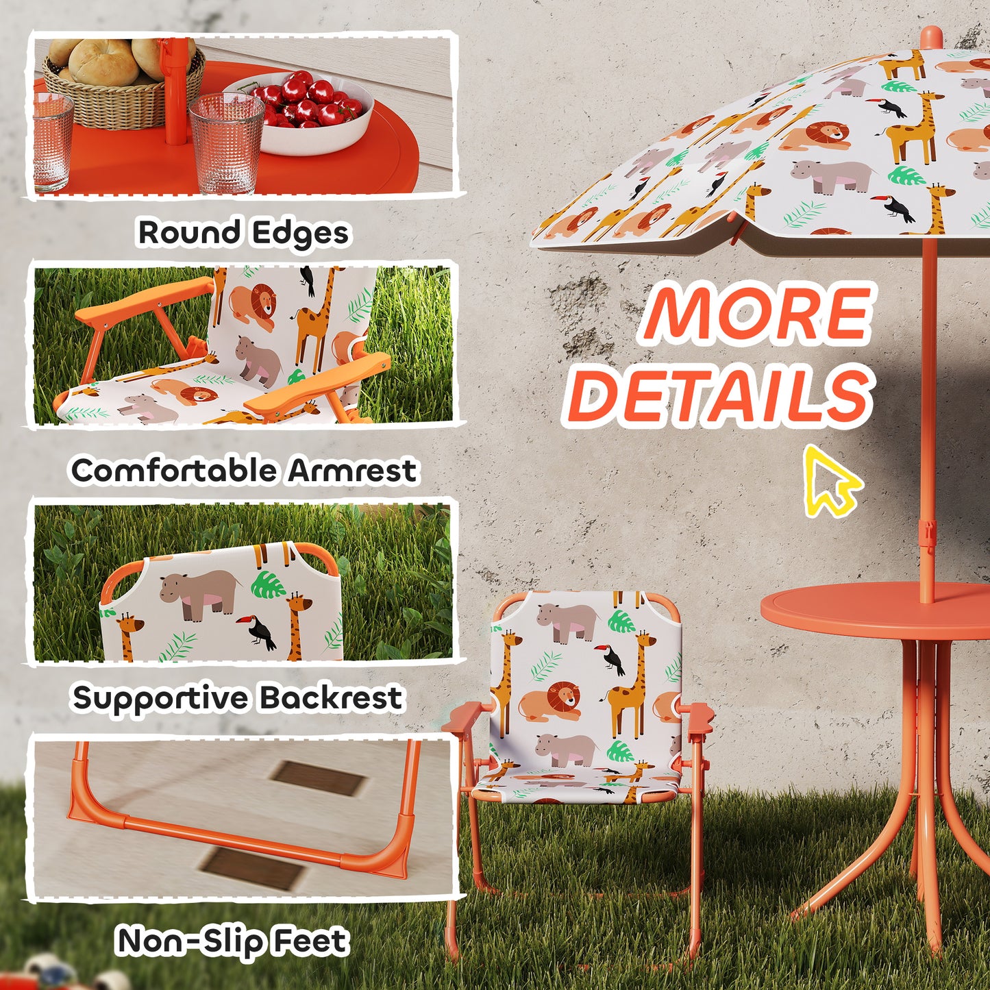 AIYAPLAY Kids Patio Set, Children Table and Chair Set, Outdoor Picnic Table with 2 Folding Chairs and Umbrella, Orange--ChewyGames-ChewyGames