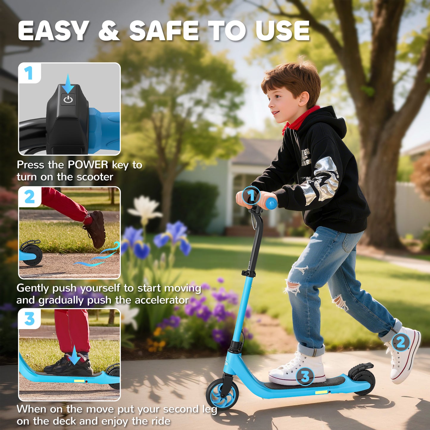 HOMCOM Electric Scooter for Kids 6+, Foldable E Scooter, Up to 8 KM/H, Maximum Range 6 KM, Adjustable Height, Blue