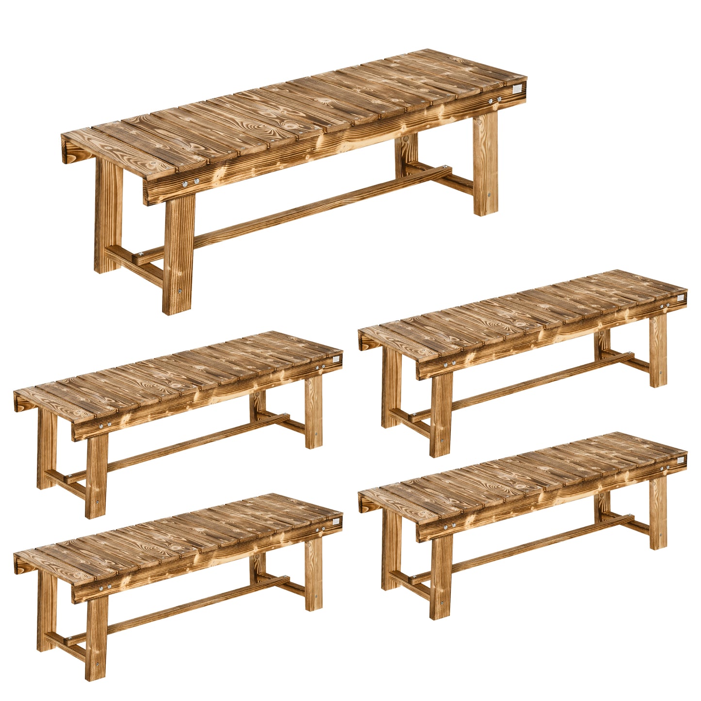Outsunny Wooden Garden Benches, 2 Seater Outdoor Benches, Fir Wood Backless Patio Loveseat with Slatted Seat for Park, 110 x 38 x 35 cm, 5 Pieces, Carbonised